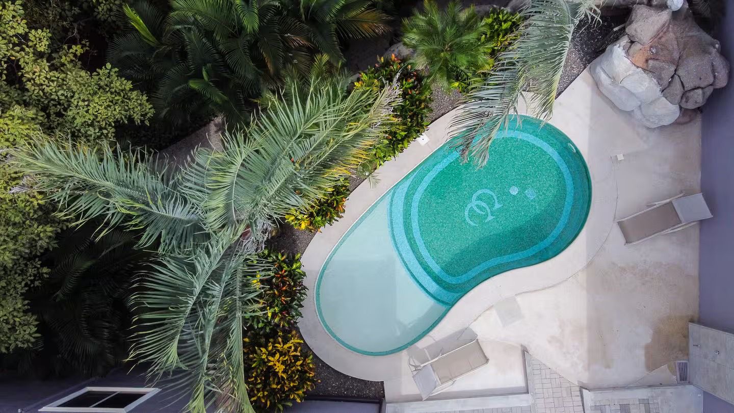 Aerial view of the curved swimming pool