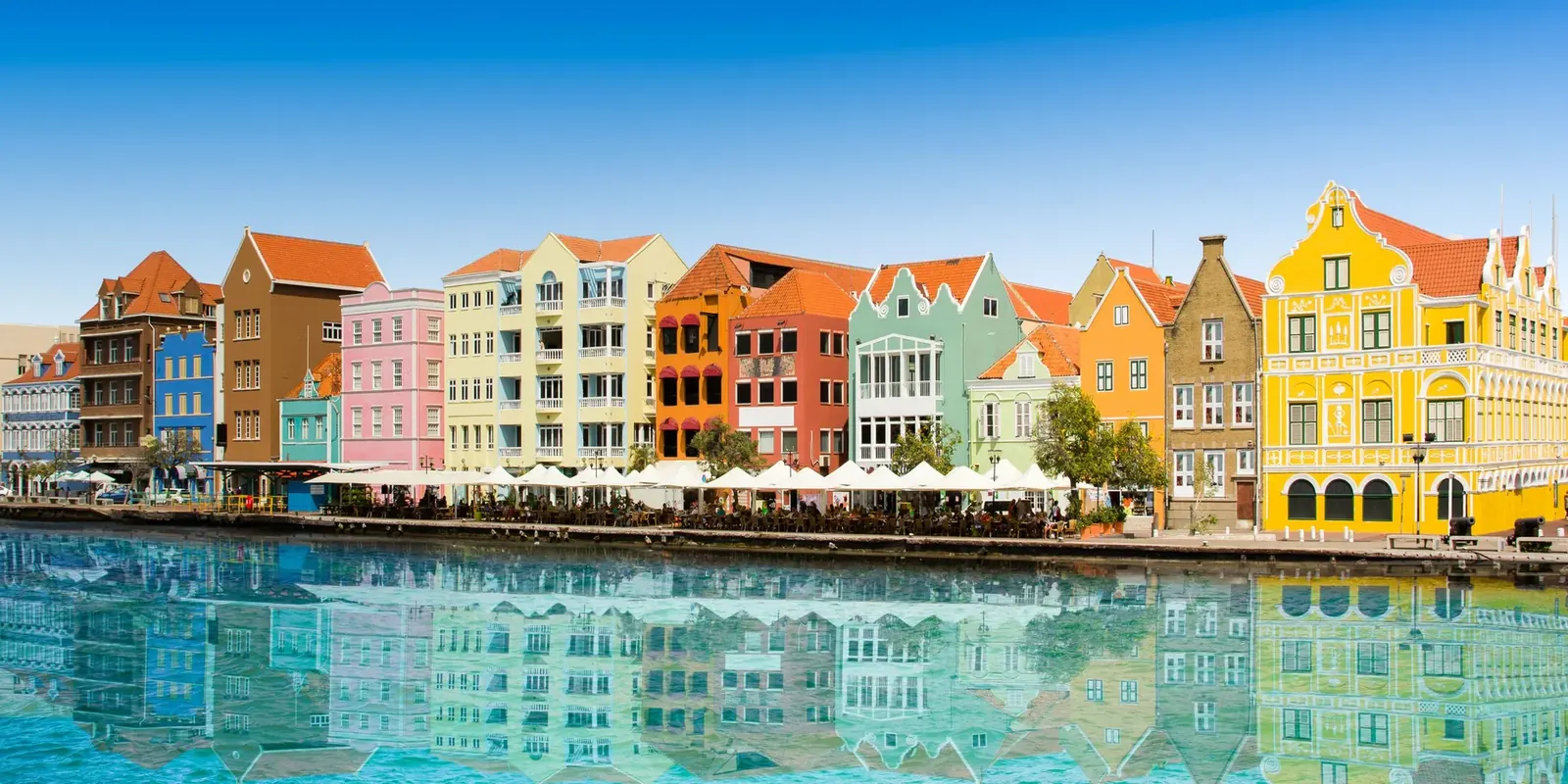 Colourful waterfront buildings reflected in the harbour in Willemstad, Curaçao