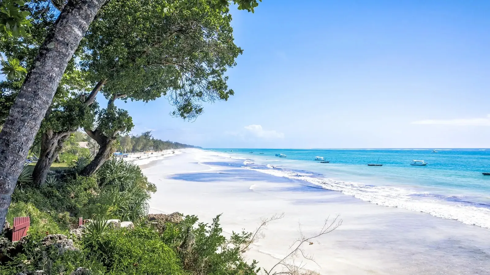White sand beach and clear blue water on the Kenyan coast