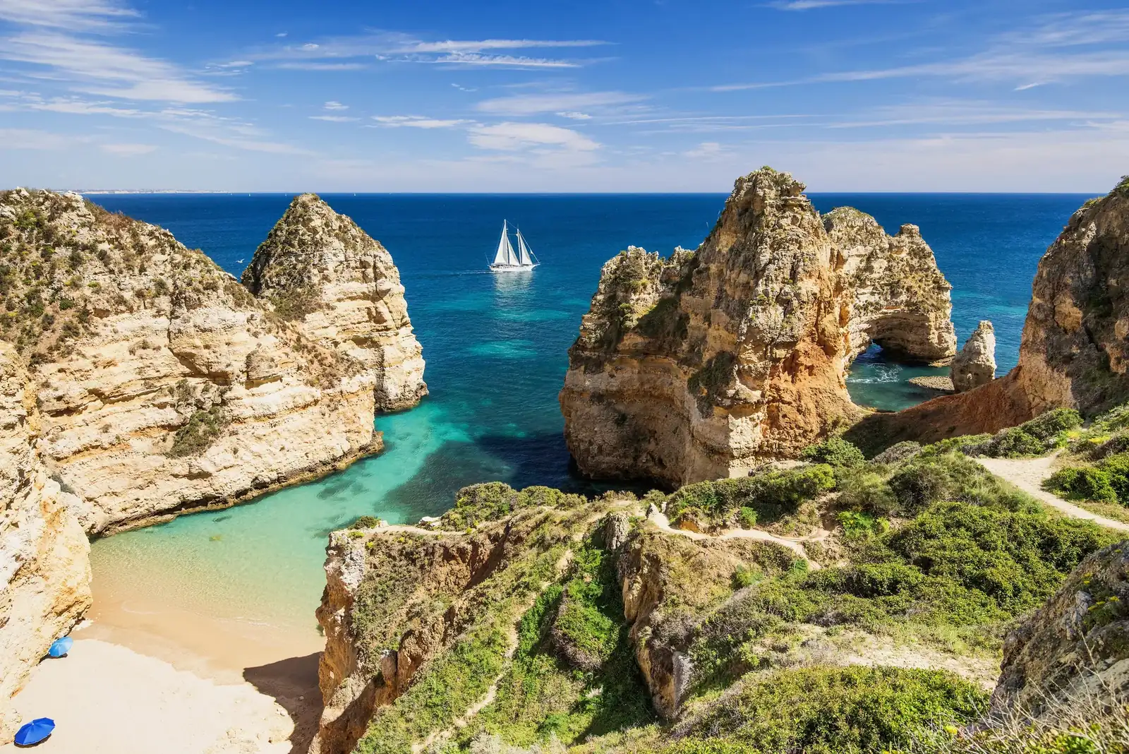 Golden cliffs and turquoise coves along the coast of Lagos, Portugal